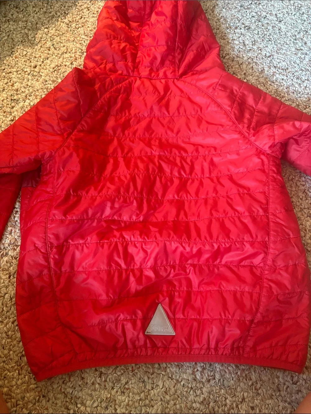 L.L. Bean Red Quilted Hooded Jacket with Navy and Burgundy Stripes